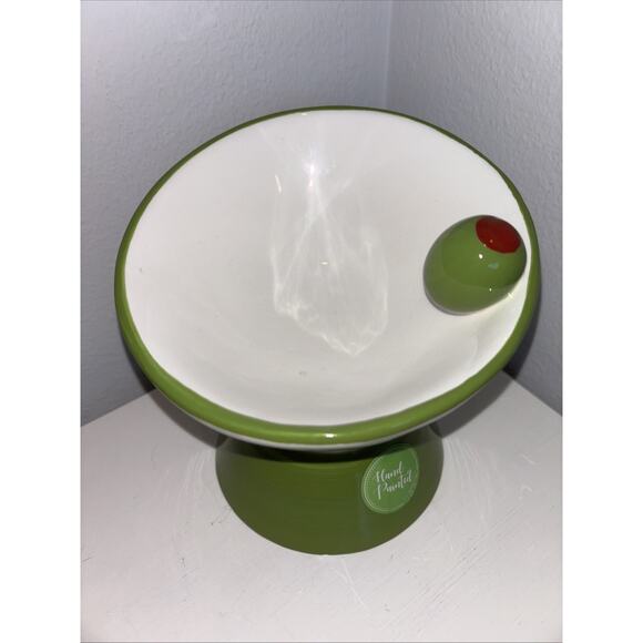“Meow-tini" Cat Drinking Water Food Tall Bowl Hand Painted Colorful Olive CUTE! - Picture 2 of 3